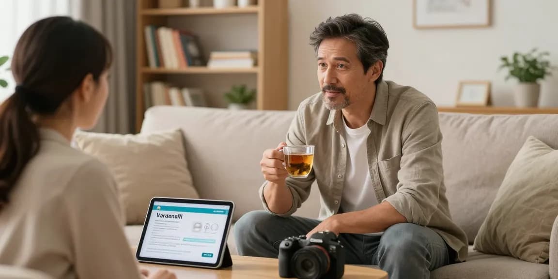 Man discussing Vardenafil with partner in cozy living room, promoting open conversation on sexual health.