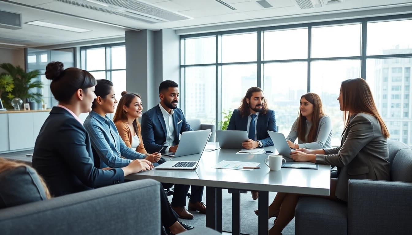 Besprechung bei https://alvionz.de/ mit Fachleuten in modernem Büro.