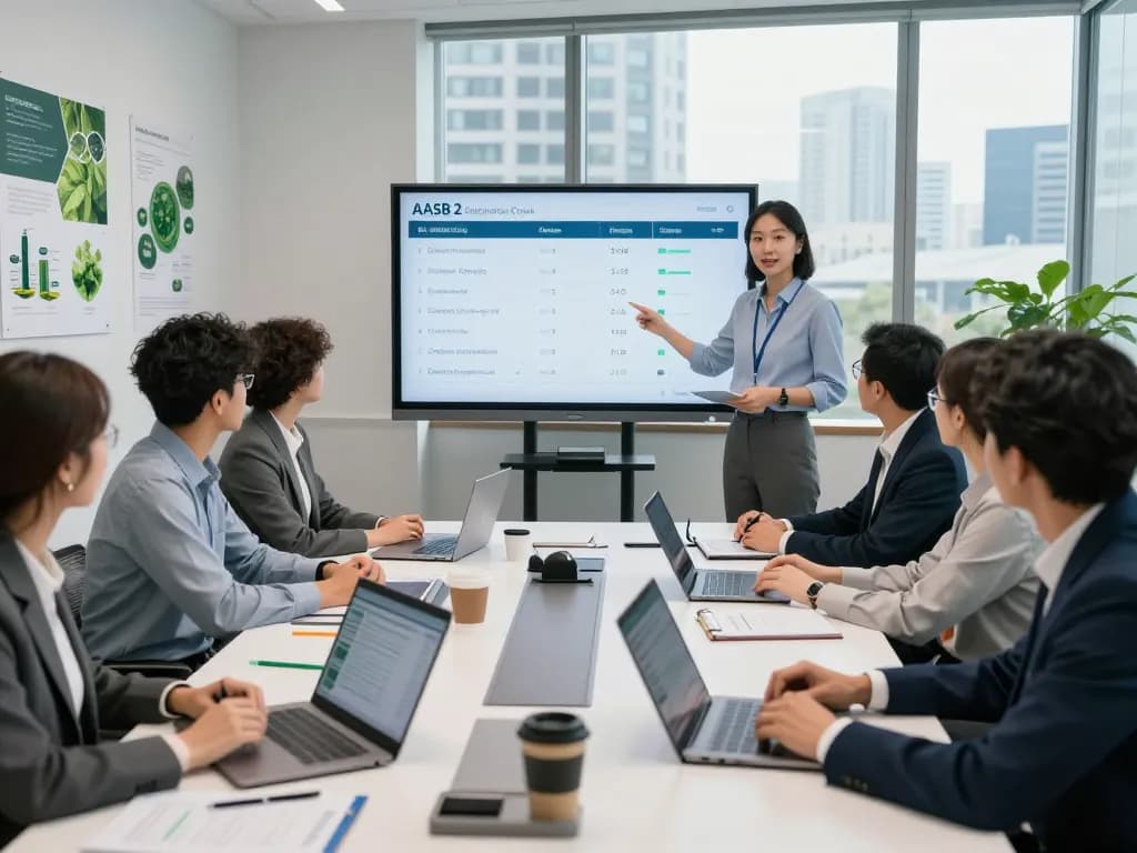Consultants discussing AASB 2 compliance in a collaborative office setting with climate reporting metrics.