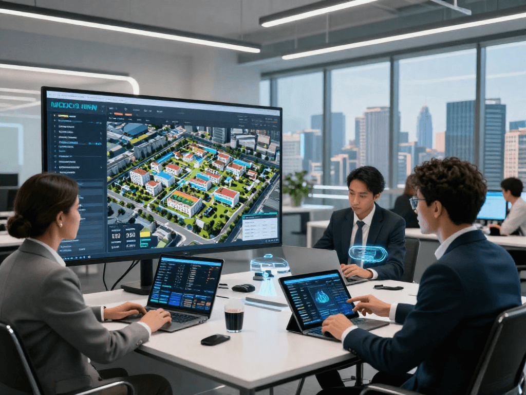 ROKOK88 link alternatif showcased in a modern digital real estate office with interactive technology and blockchain elements.