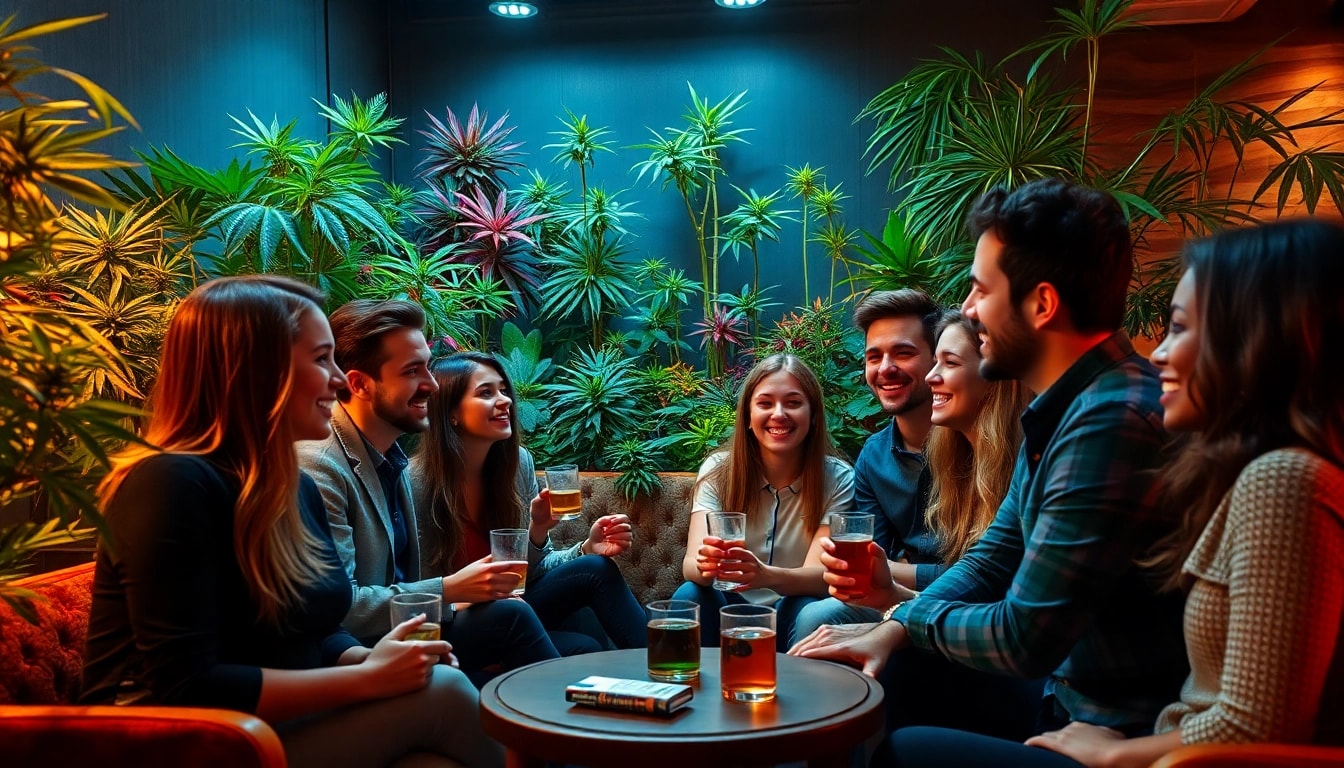 Social atmosphere at a Cannabis Club Madrid with friends enjoying, warm lighting and greenery.
