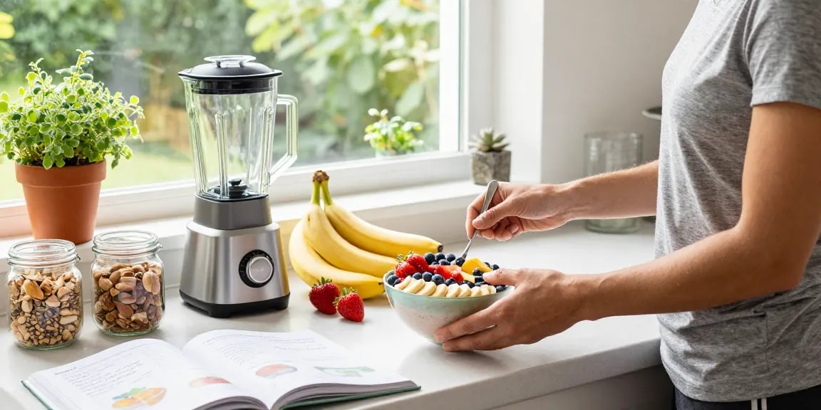 Engaging kitchen scene showing the best nutrition app in use while preparing a healthy smoothie bowl