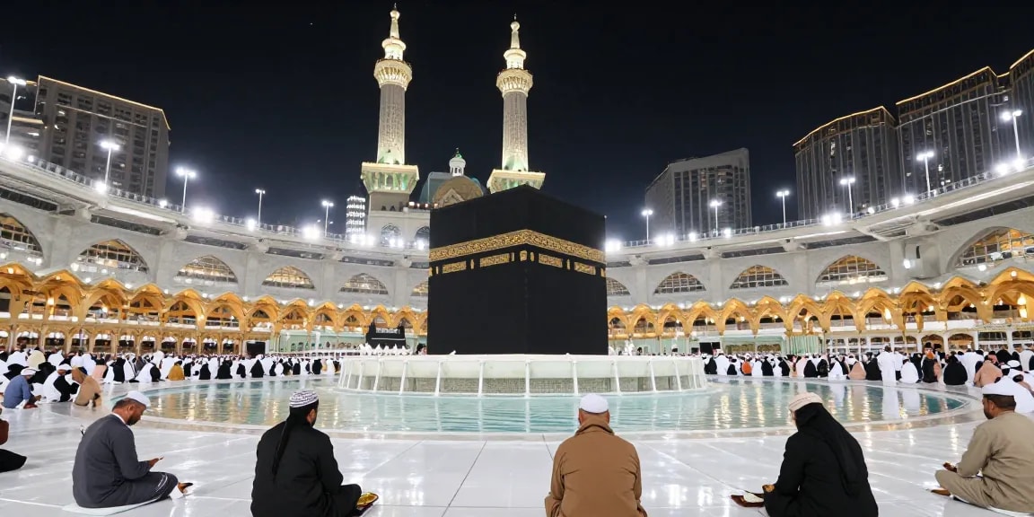 "Umroh Ramadan pilgrims at the Kaaba in Mecca, an unforgettable travel experience for devotion and spirituality."