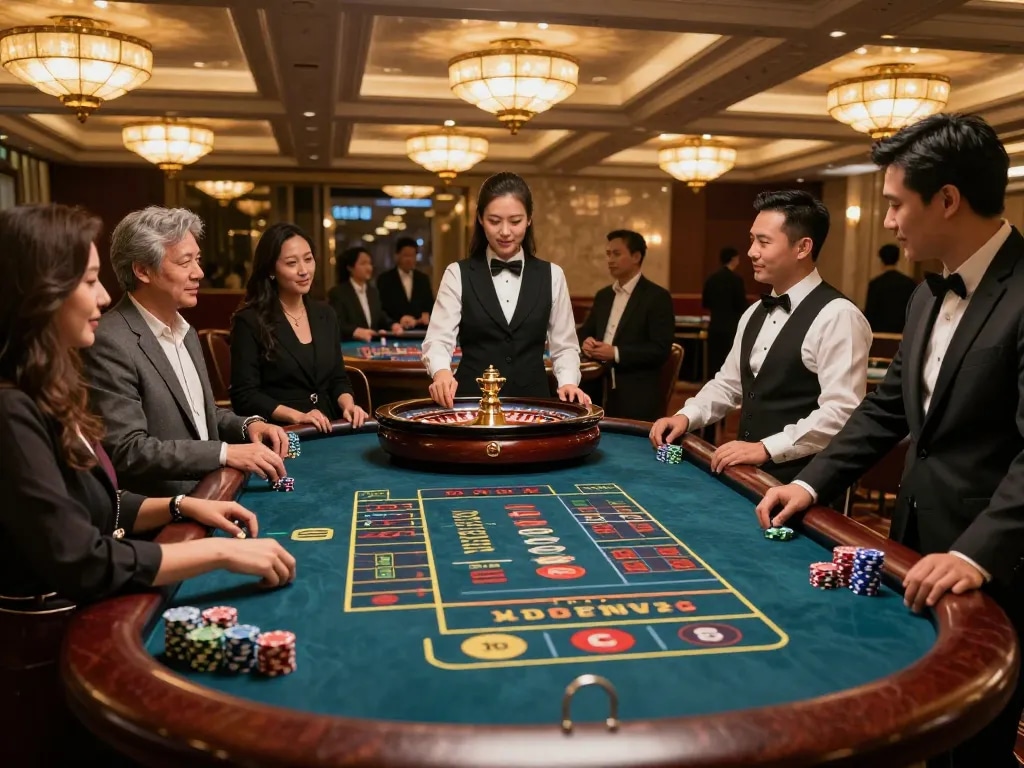 Experience the excitement of u888 com with engaged players at an upscale roulette table, capturing the thrill of casino gaming.