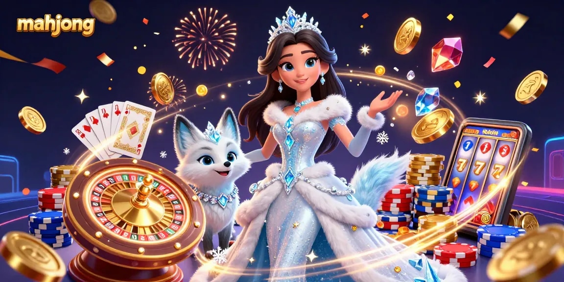Engage in mahjong excitement with golden coins, vibrant poker chips, and captivating characters.