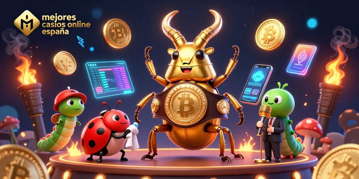 Los mejores casinos online en España ilustrados con un escarabajo dorado y elementos de criptomonedas.