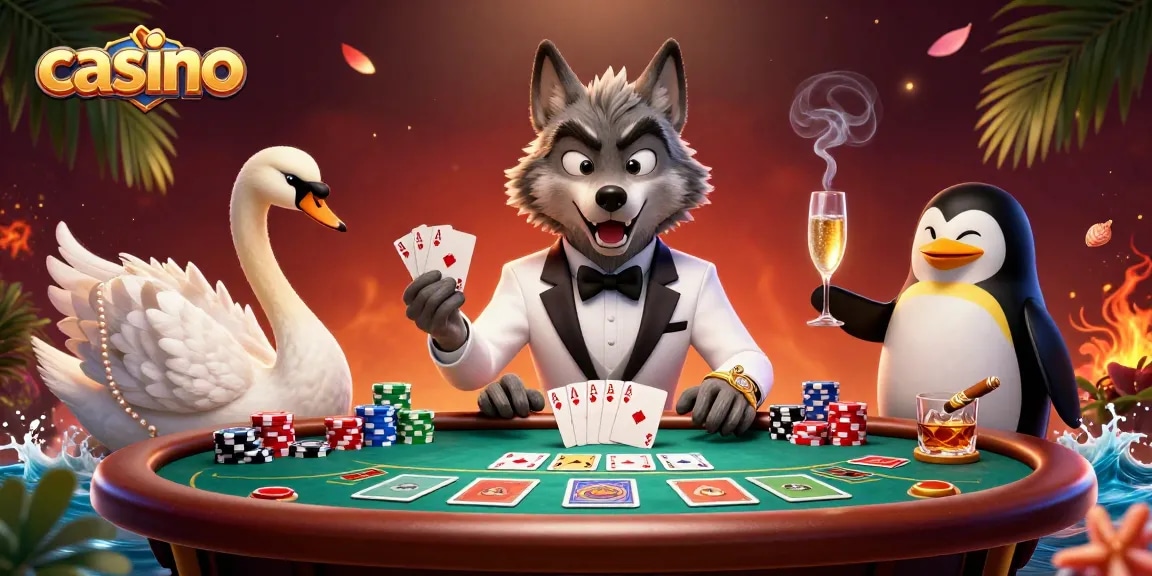 Engaging casino scene with a wolf, swan, and penguin creating excitement at a card table.