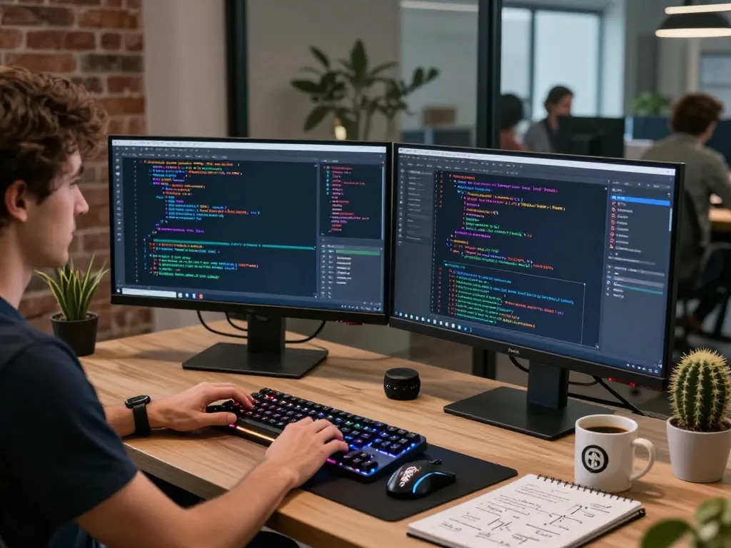 Developer coding an IODeFi smart contract in a modern tech workspace with multiple screens and vibrant details.