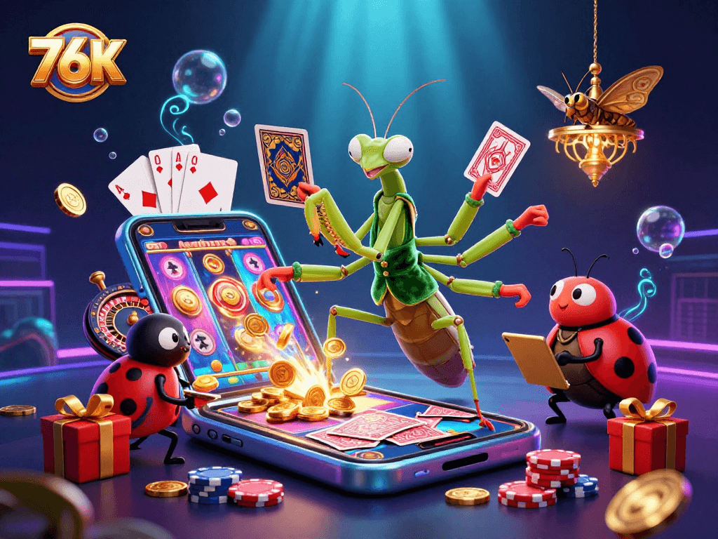 Aproveite a sorte no 76K com um cenário vibrante de cassino repleto de fichas e jogos.
