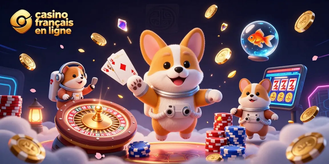 Casino français en ligne : illustration animée d'un corgi astronaute flottant dans un casino spatial.