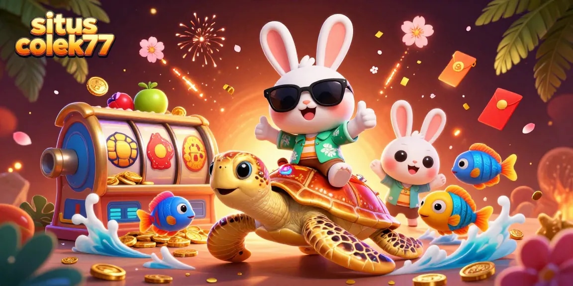 Experience thrills at situs colek77 with vibrant slot reels and playful characters in a casino setting.