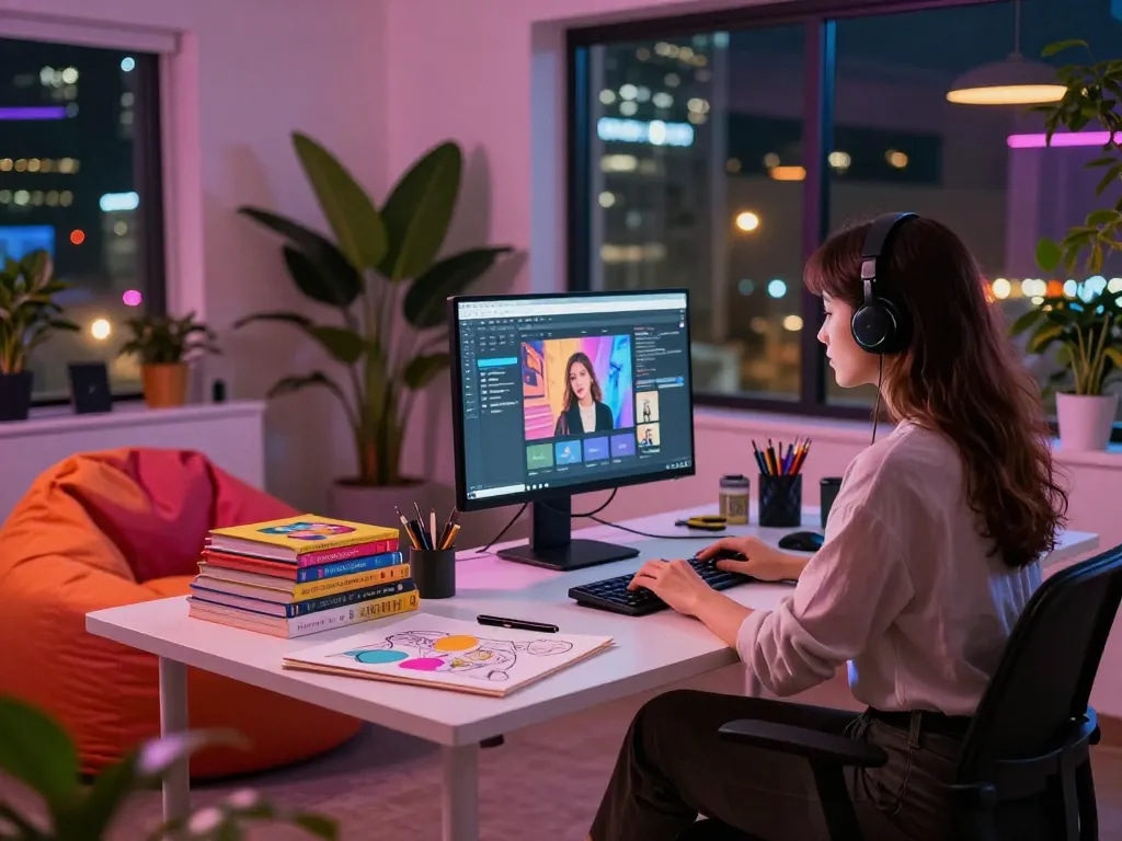 Artistic workspace with vibrant neon lights showcasing nsfw ai application on modern computer screen.