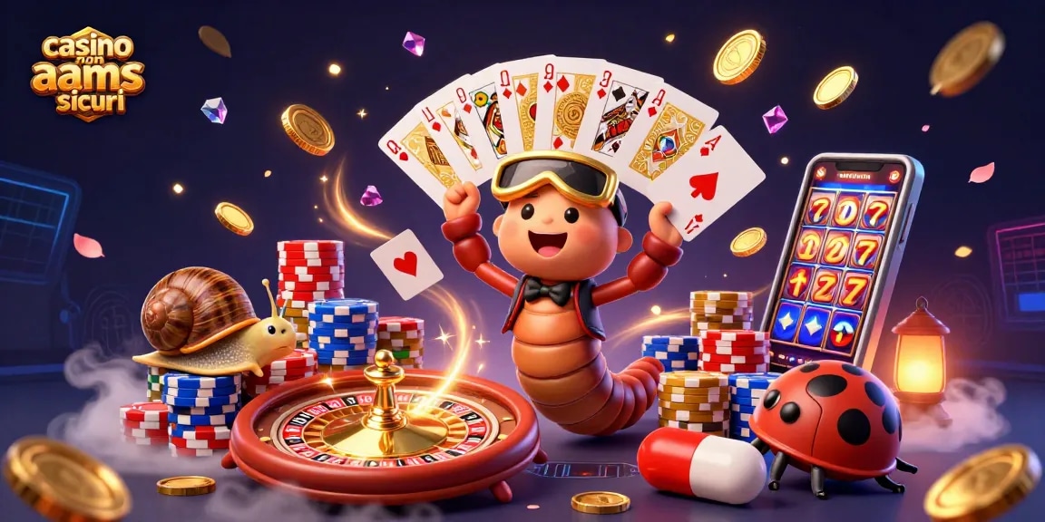 Giocatori nel casino non AAMS sicuri, carte e chip volanti in un'illustrazione vibrante.