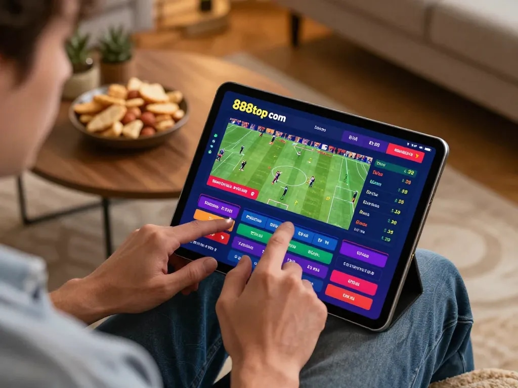 Engaging in sports betting on 888top com tablet interface in a cozy home setting