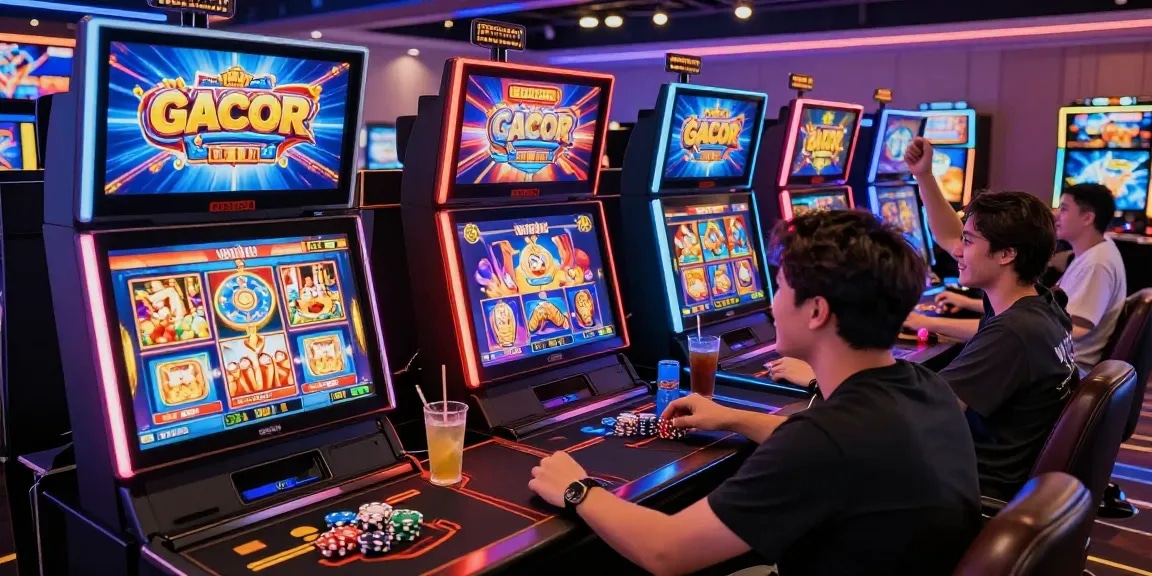 Exciting scene of players enjoying slot gacor in an online casino environment with colorful machines and vibrant atmosphere.