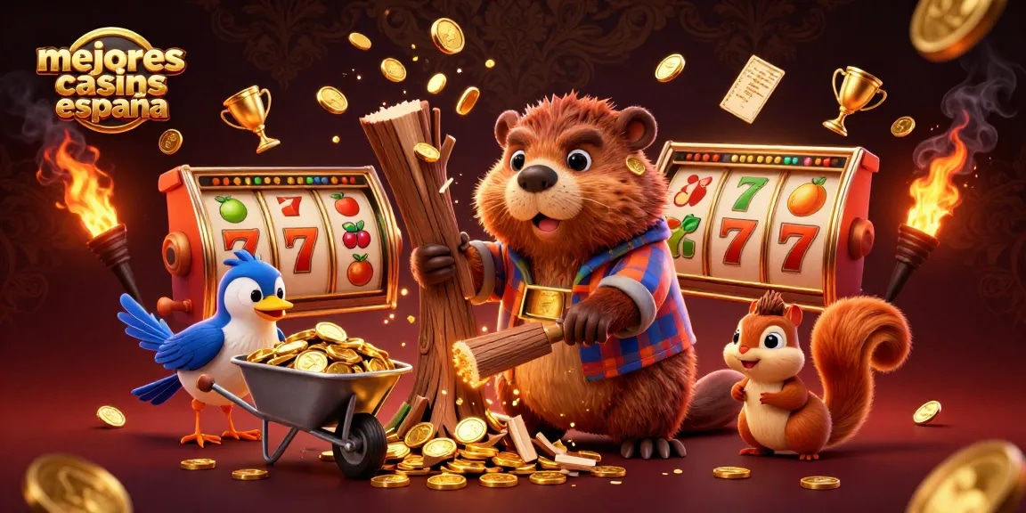 Ilustración de los mejores casinos online en España, con un castor con hacha y un pájaro que recolectan monedas doradas.