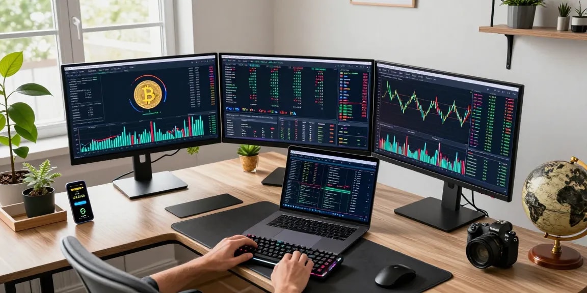 Best bitcoin cloud mining site displayed on monitors in a sophisticated crypto trading workspace with Bitcoin metrics and portfolio charts