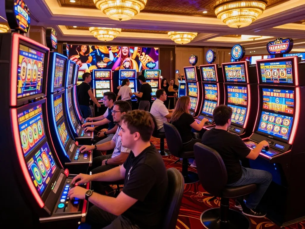 situs slot gacor players spinning reels at bright casino slot machines celebrating wins under warm lighting