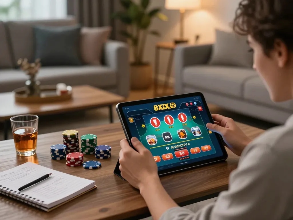 Placing a bet on 8xx bet through a tablet in a cozy home setting with strategic notes visible.