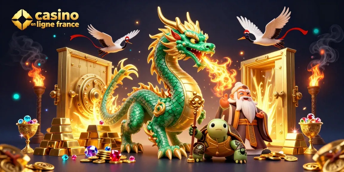 Découvrez un dragon émeraude au cœur du casino en ligne France, entouré de richesses.