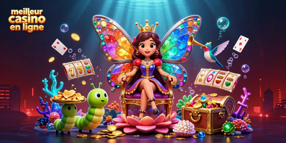 Visualisez le meilleur casino en ligne avec une reine des papillons illuminée, entourée de jeux variés et d'une ambiance dynamique.