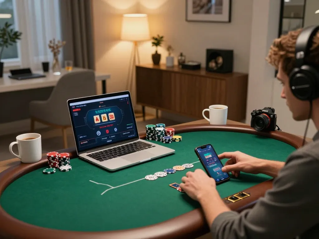 Player enjoying iWin poker online at a stylish home office with laptop and coffee