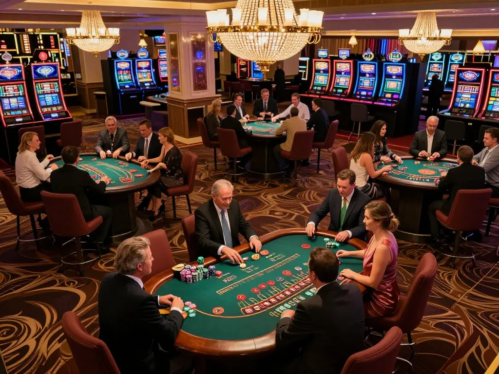 vt88 players strategizing at blackjack tables in an upscale casino with vibrant atmosphere