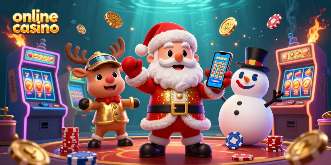 Experience the thrill of an online casino with Santa, reindeer, and a snowman in a vibrant 3D scene.