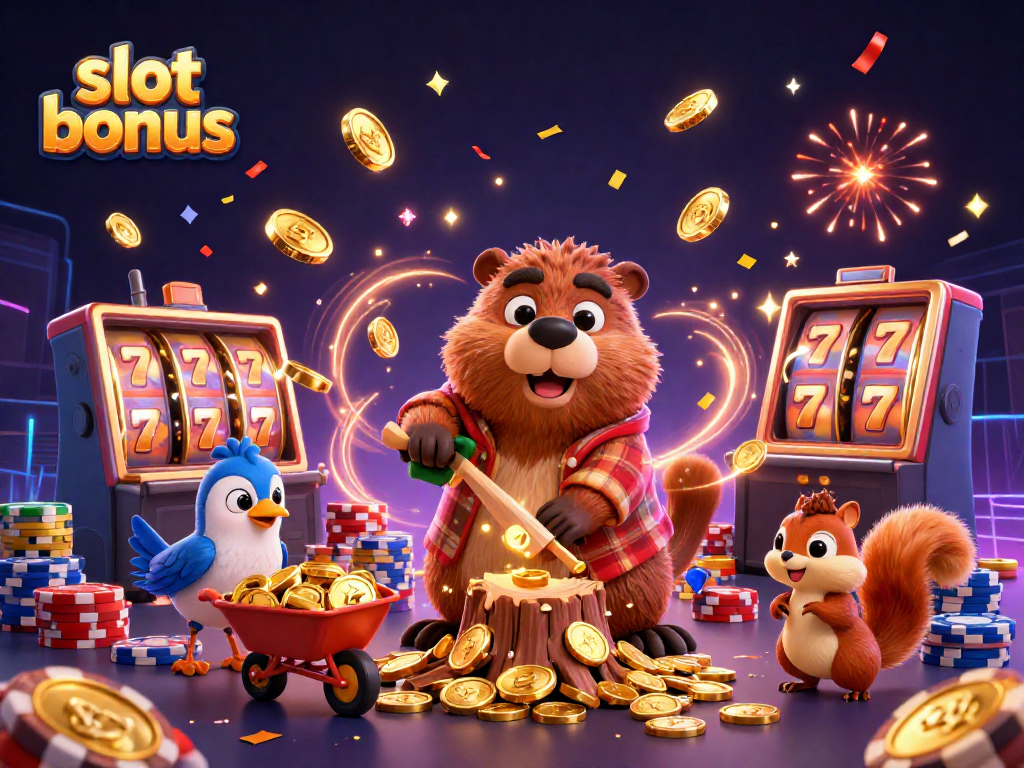 Experience the excitement of slot bonus with animated characters celebrating wins in a vibrant casino setting