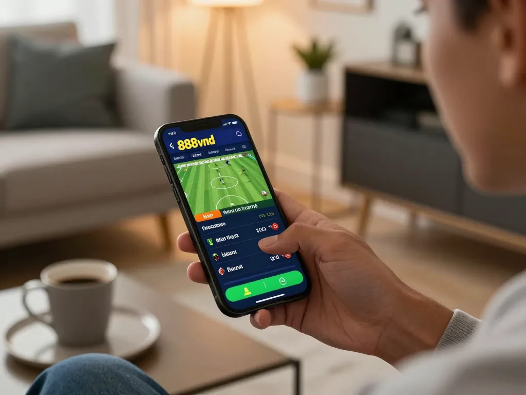Betting on live sports using the 888vnd app on a smartphone in a cozy living space.