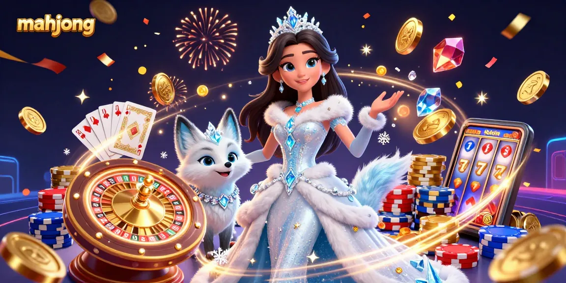 Engage in mahjong excitement with golden coins, vibrant poker chips, and captivating characters.