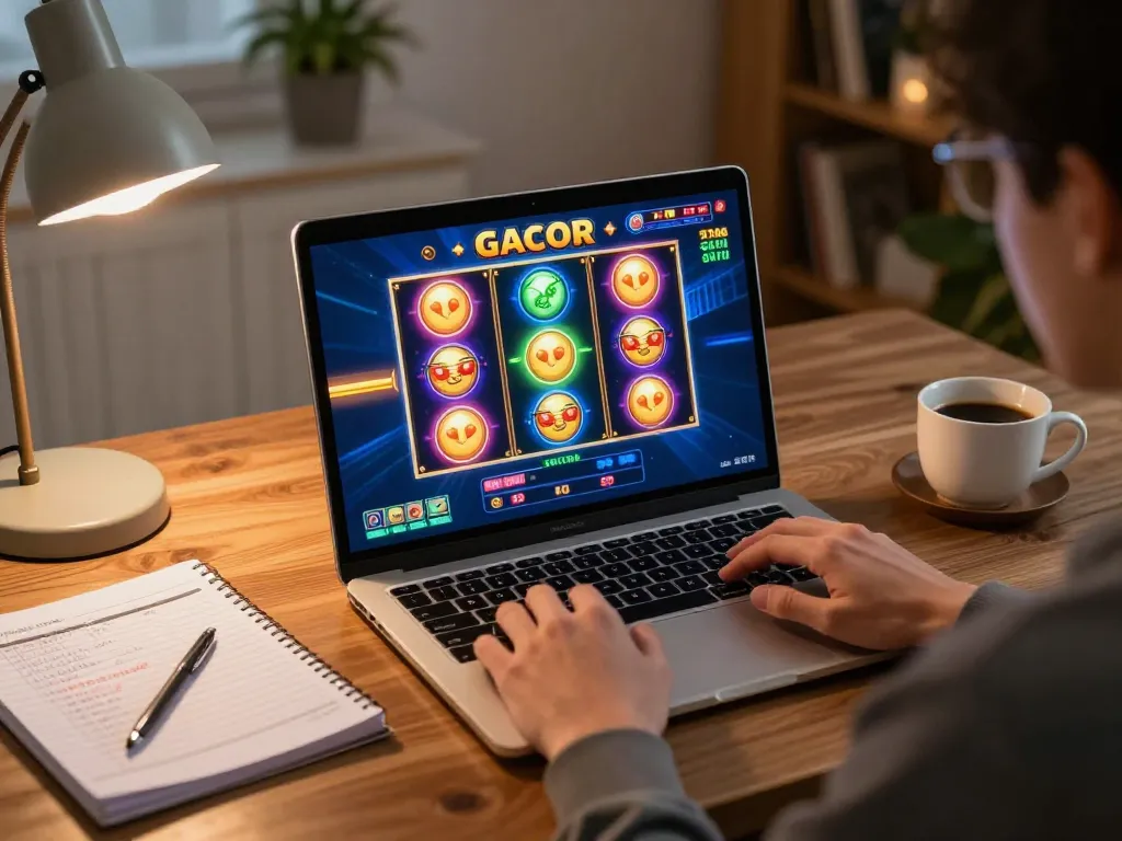 Engaging gameplay scene highlighting slot gacor on a laptop, showcasing strategic planning and a cozy online gaming setup.