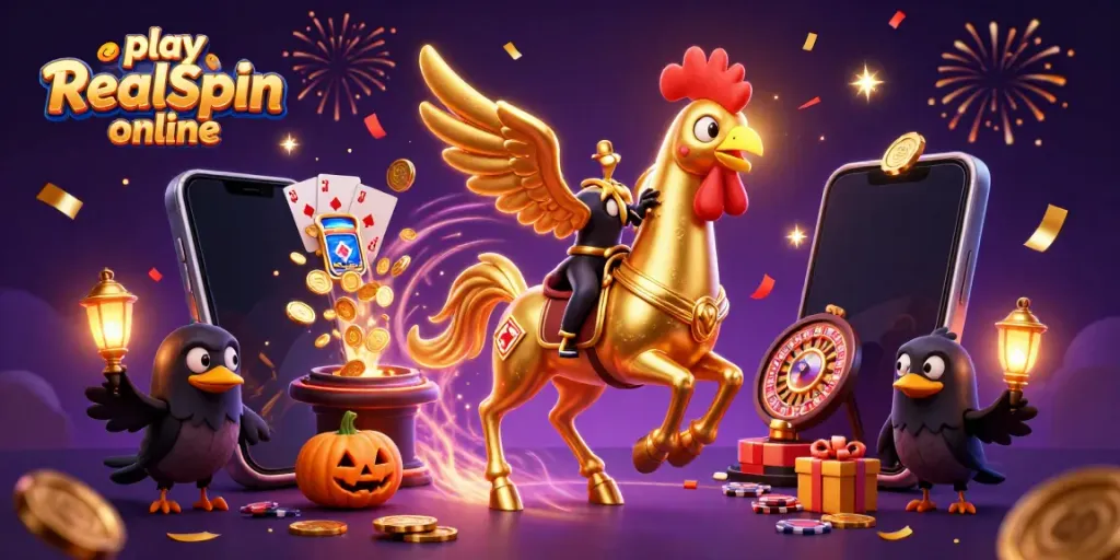 Engage with the vibrant scene where you can play RealSpin online, featuring a golden rooster in a casino.
