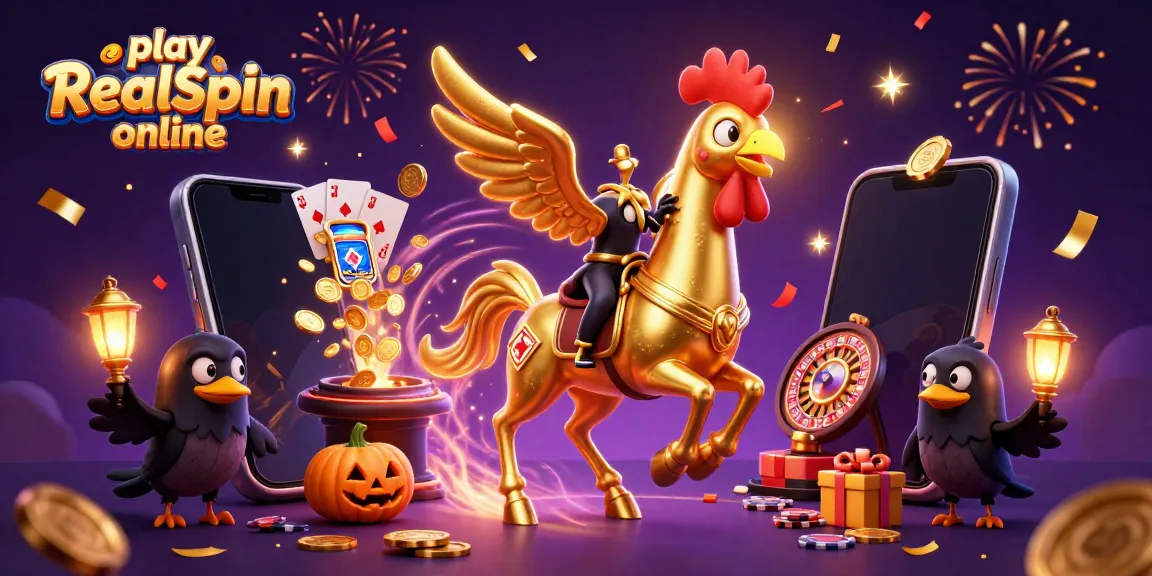 Engage with the vibrant scene where you can play RealSpin online, featuring a golden rooster in a casino.