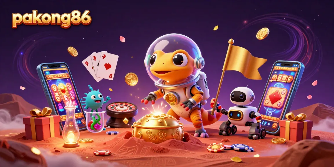 pakong86 showcases a vibrant 3D illustration of a Martian gecko exploring a golden casino filled with dynamic gaming elements.