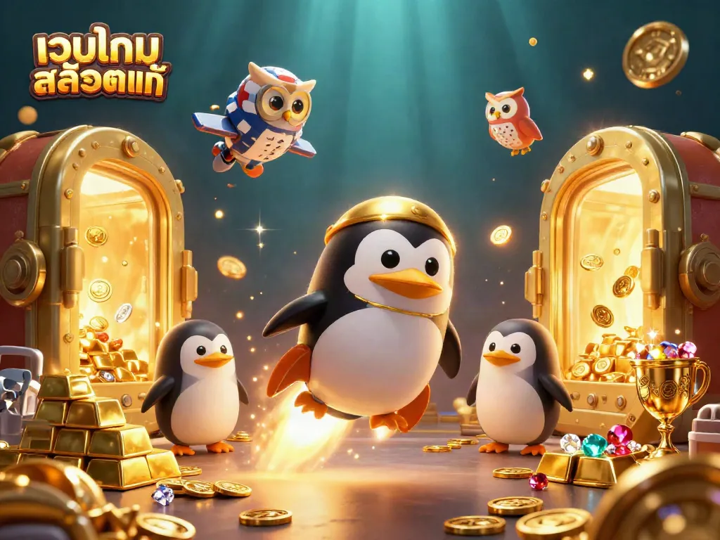 Experience เว็บเกมสล็อตแท้ with a golden penguin navigating a treasure-filled casino space scene.