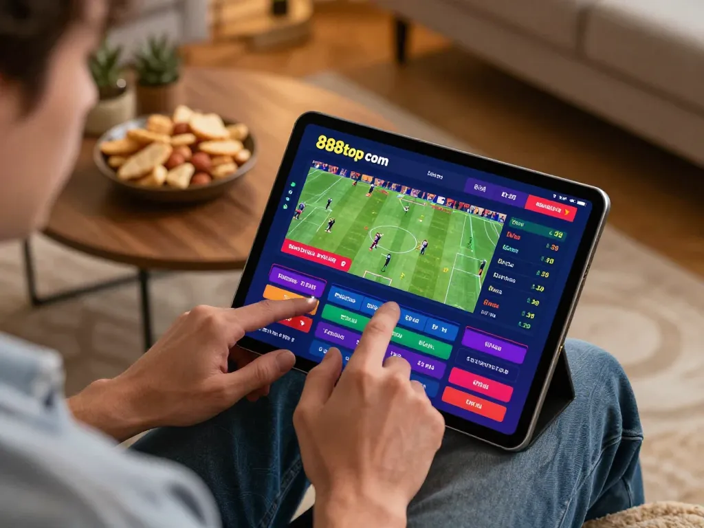Engaging in sports betting on 888top com tablet interface in a cozy home setting