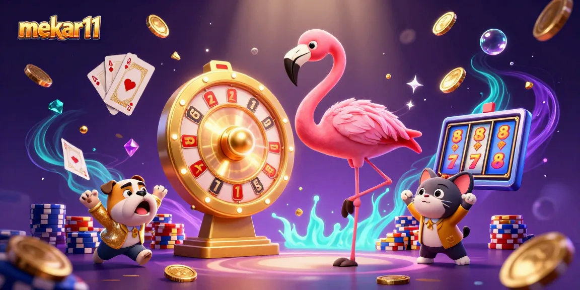 Mekar11 showcases an exciting casino scene with golden coins, a vibrant prize wheel, and playful characters.