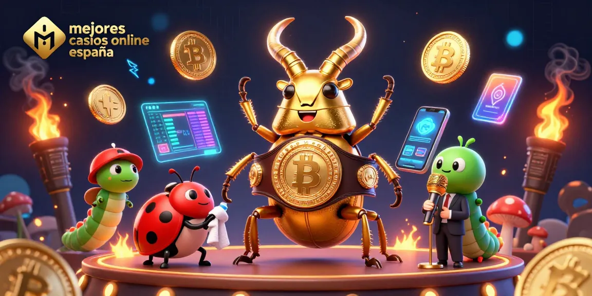 Los mejores casinos online en España ilustrados con un escarabajo dorado y elementos de criptomonedas.