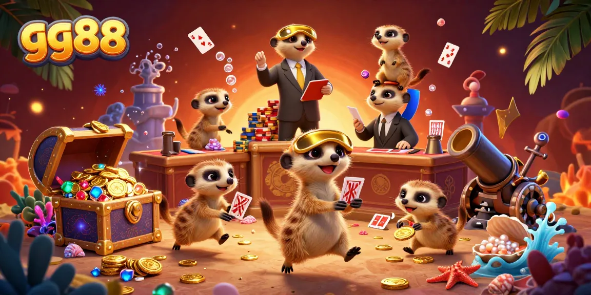 Enjoy vibrant gaming action at gg88 with meerkats running an engaging casino operation amidst treasures and colorful decorations.