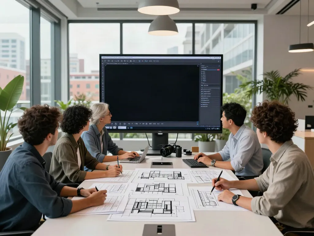 Kolaborasi tim desain arsitektur di kantor modern, meninjau rencana ruang relevan mafia88.