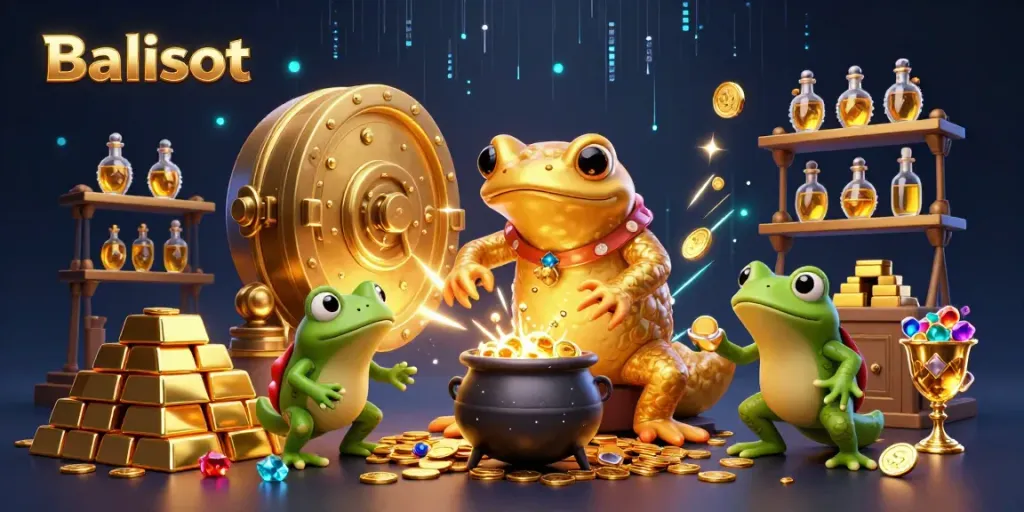 Balislot promotion showcasing alchemist and assistants creating wealth in a vibrant casino scene.