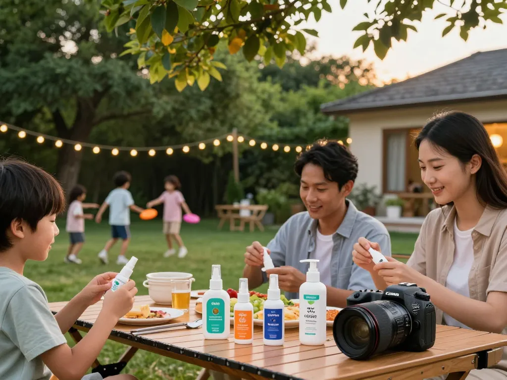 Family preparing to use the Best Mosquito Repellent during an outdoor picnic in a cozy backyard.