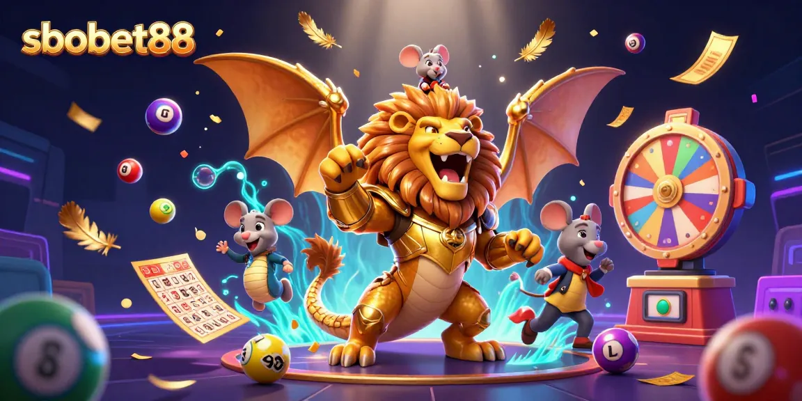 sbobet88 celebrates wins with a roaring chimera and vibrant lottery elements in a lively atmosphere