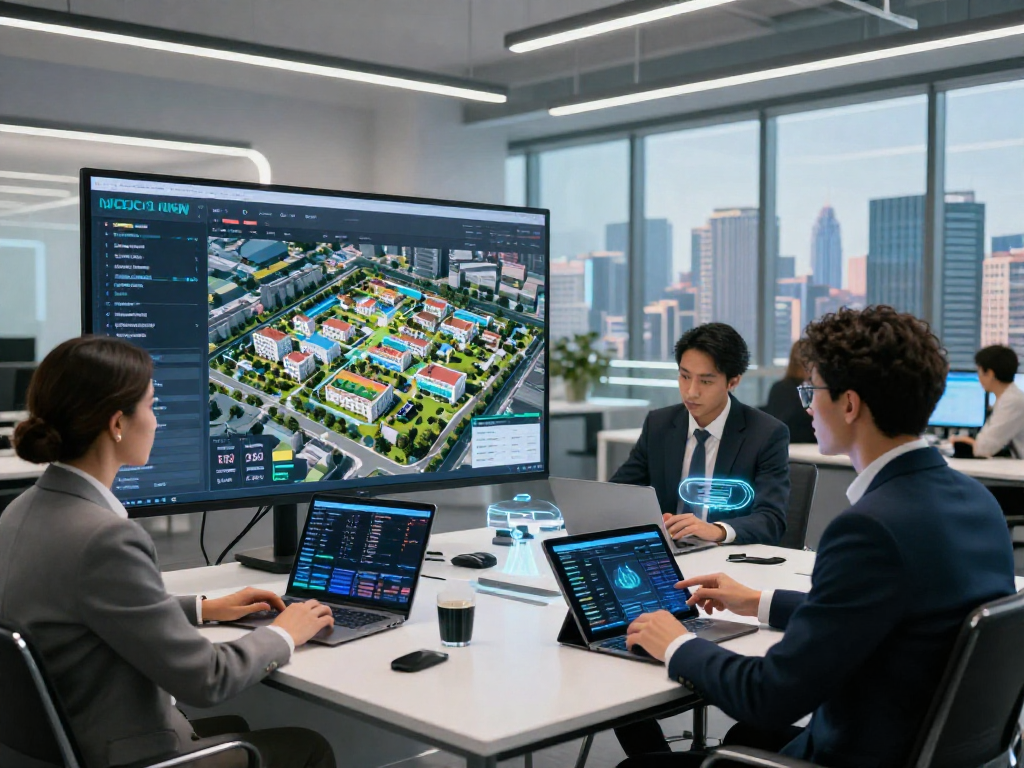 ROKOK88 link alternatif showcased in a modern digital real estate office with interactive technology and blockchain elements.