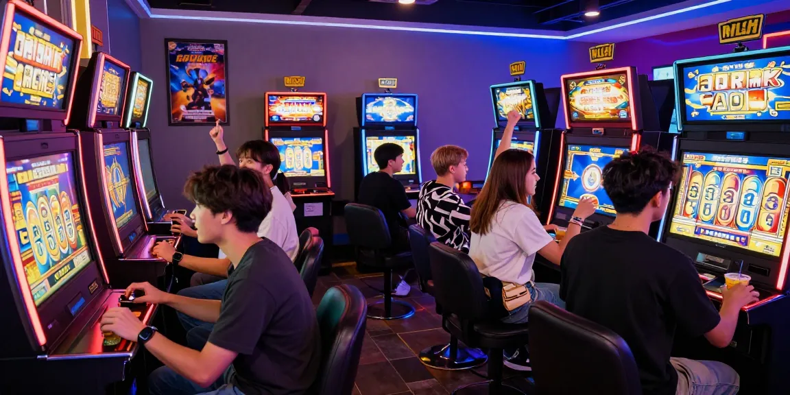Exciting slot depo 5000 gaming lounge with friends enjoying vibrant slot machines and neon lights.
