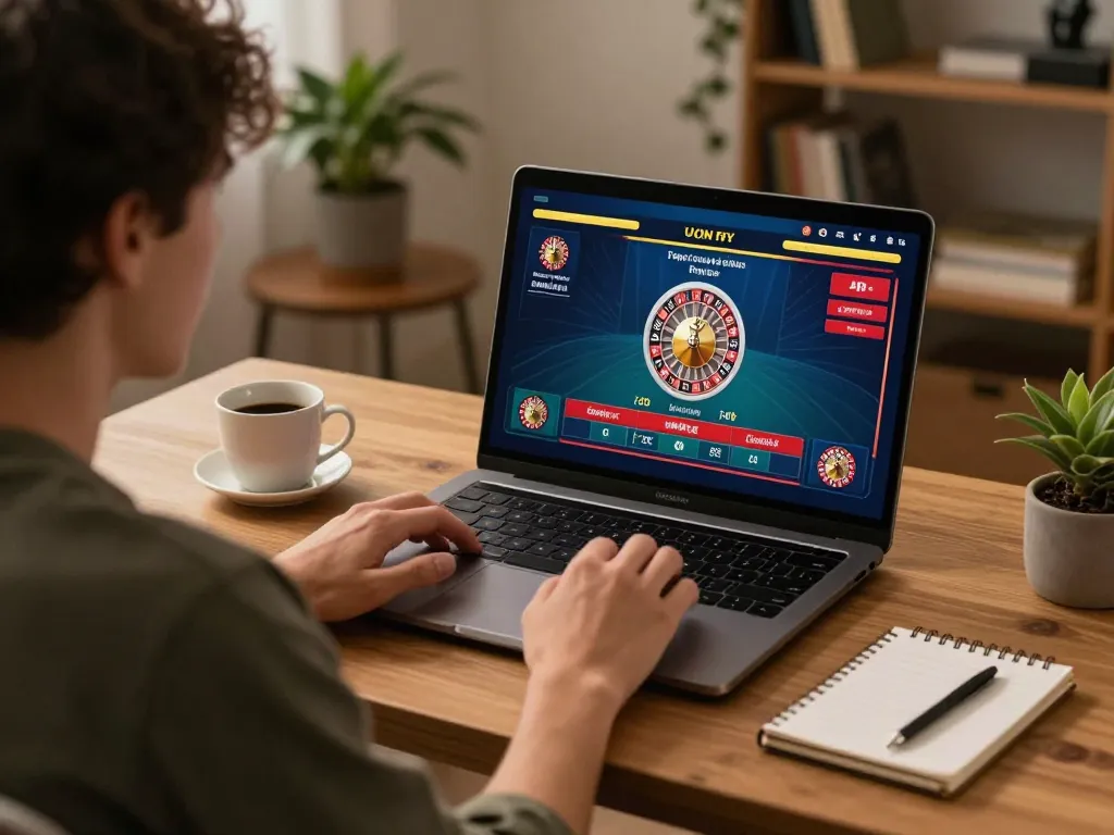 Player enjoying live roulette action on a laptop at home, highlighting the excitement of 777x com.
