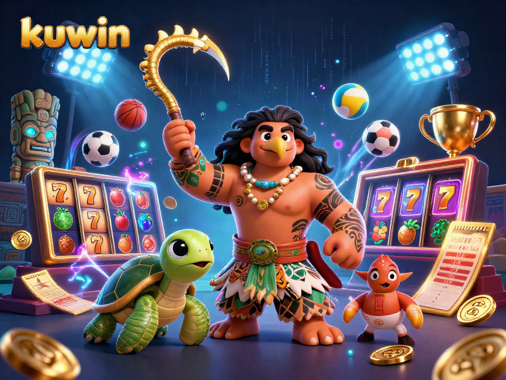 Kuwin slots adventure featuring lively characters amid vibrant casino elements in a dynamic scene.