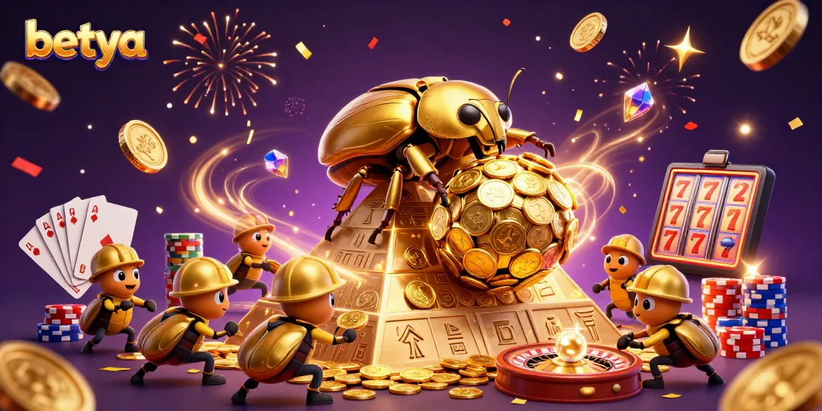 Betya showcases a massive golden dung beetle amid cascading coins, portraying the thrilling casino atmosphere.