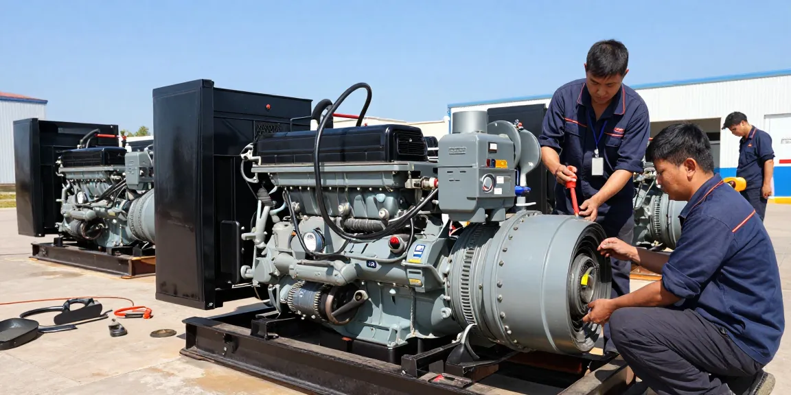 Diesel generators in maintenance by technicians at an outdoor power facility showcasing reliability and durability in heavy industry.